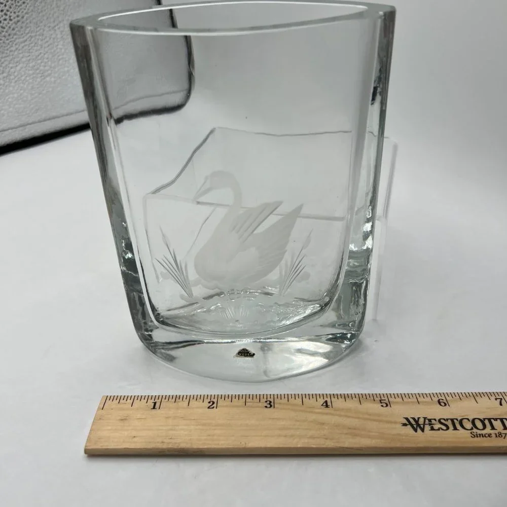 SMALANDSHYTTAN JOSEF SCHOTT Crystal Etched Vase ~ Heavy Art Glass Oval Vase with